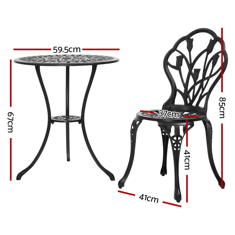 Ciaran 2-Seater Cast Aluminium Table Chair Patio 3-Piece Outdoor Setting - Black - Nurns