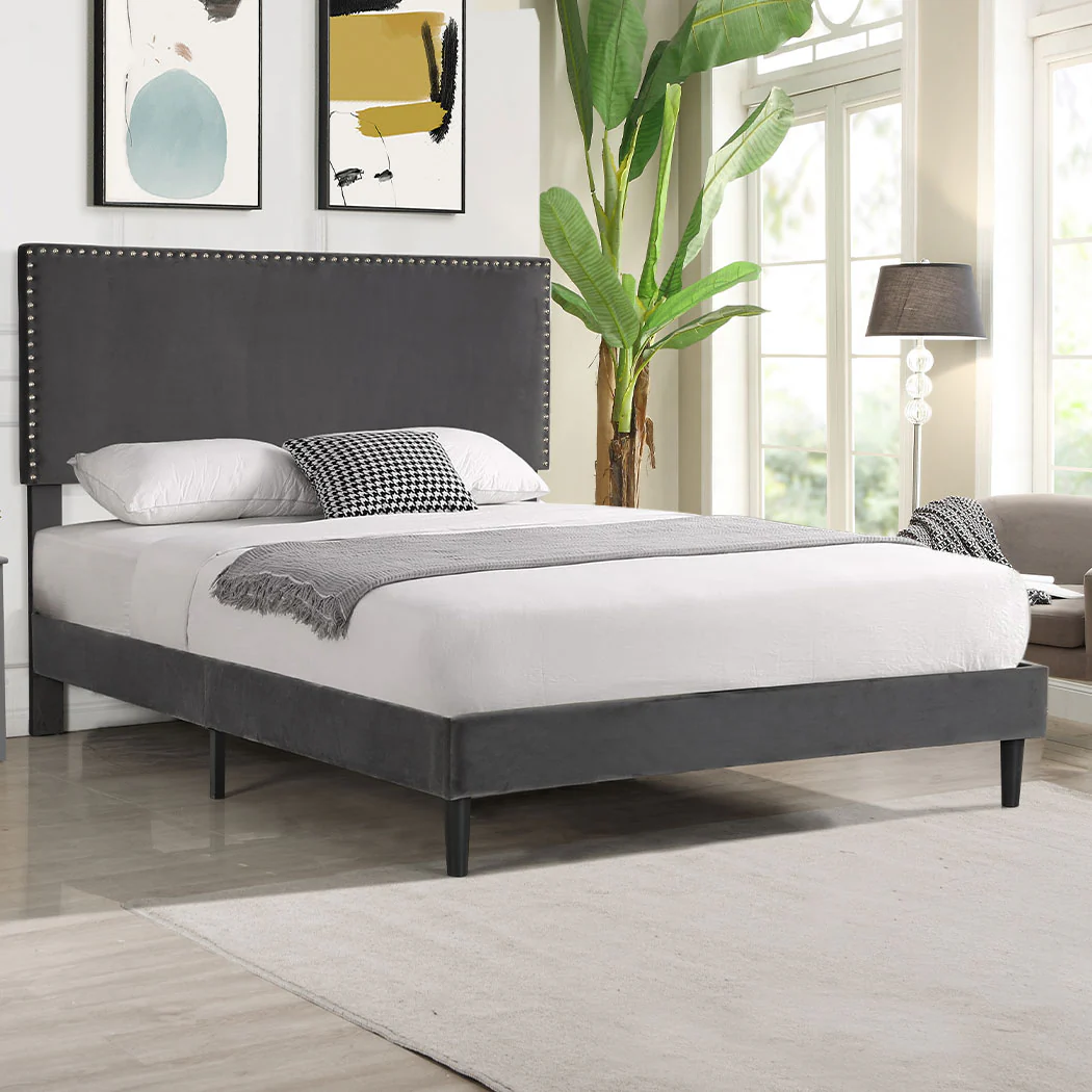 Velsen Bed Frame Base Platform Wooden Velvet with Headboard Grey - Double - Nurns