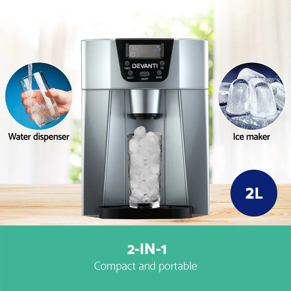 Devanti 2L Portable Ice Cuber Maker & Water Dispenser - Silver - Nurns