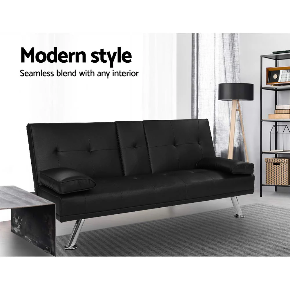 Madaline 2-Seater Leather Cup Holder Futon Sofa Bed Lounge Couch - Black - Nurns