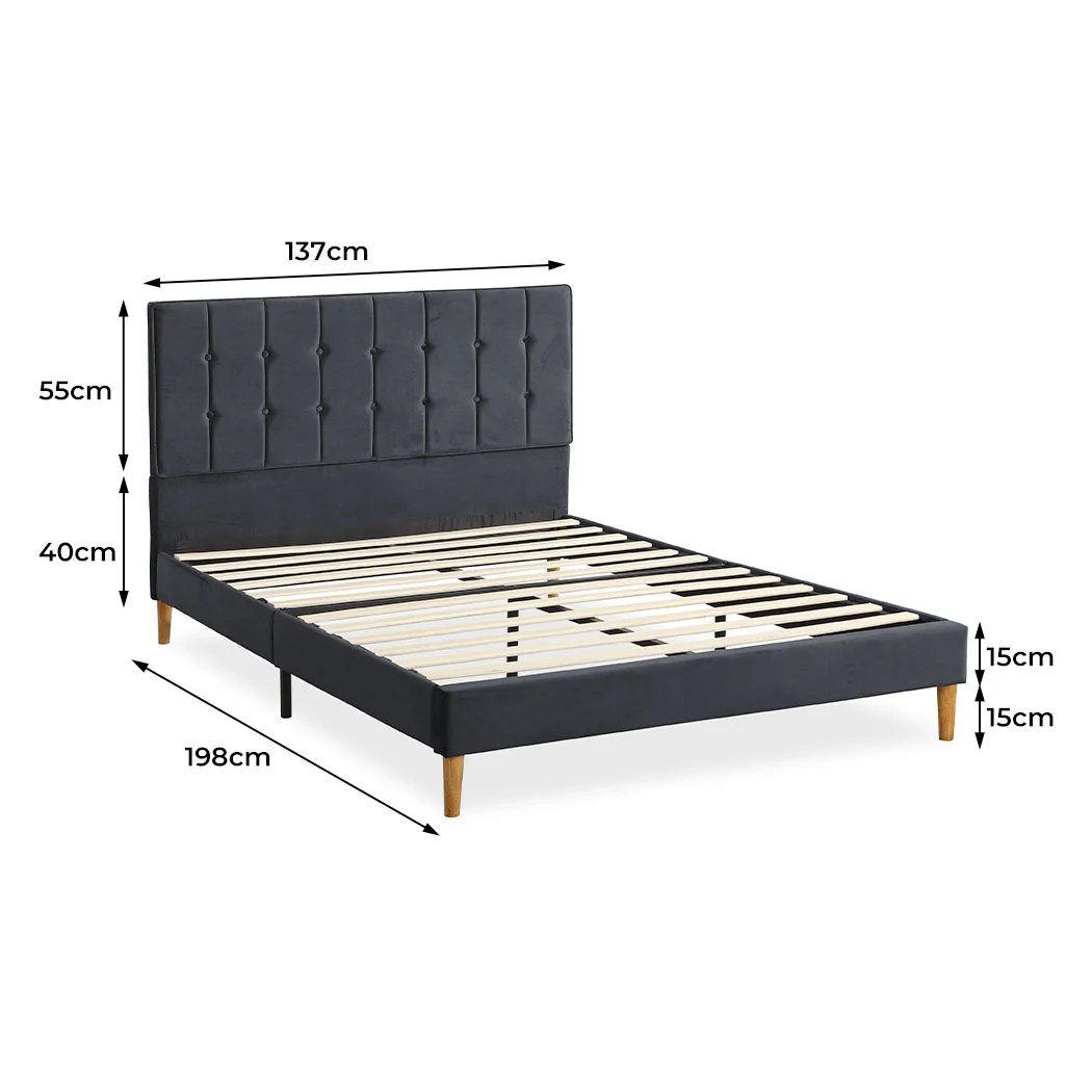 Venlo Bed Frame Base Platform Wooden Velvet with Headboard Grey - Double - Nurns