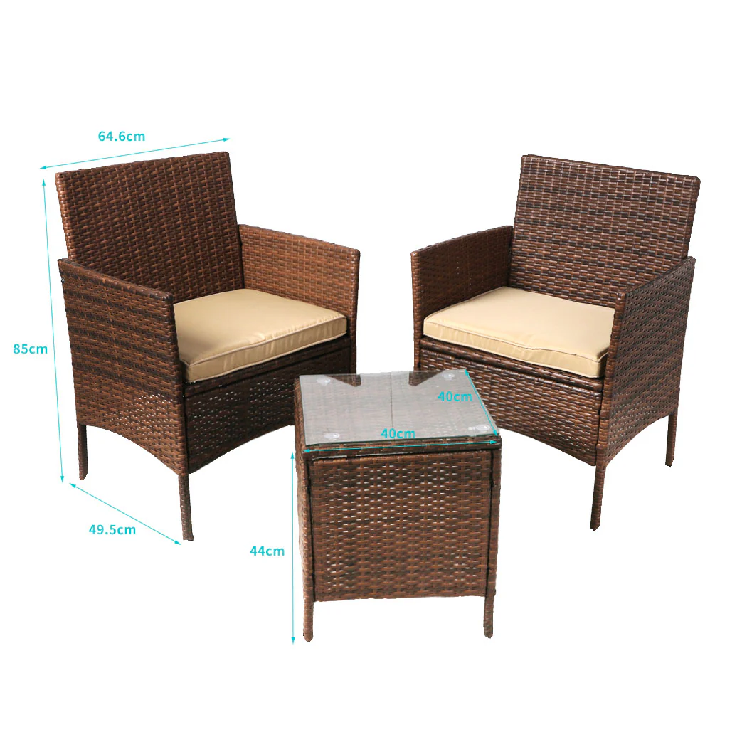Rhyse 2-Seater Furniture Patio Garden Chair Table Rattan Wicker Cushion Seat 3-Piece Outdoor Setting - Brown - Nurns
