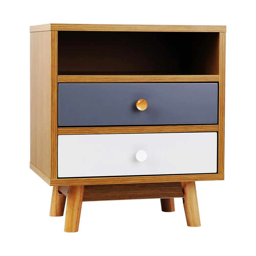 Sudbury Wooden Veneer Bedside Tables with 2 Drawers - Wood, White & Grey - Nurns