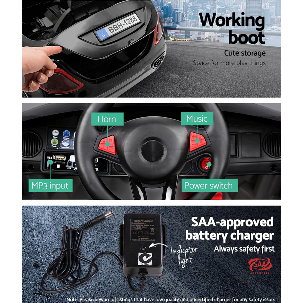 Kids Electric Ride On Car Toys Cars Horn Music Remote Control 12V - Black - Nurns