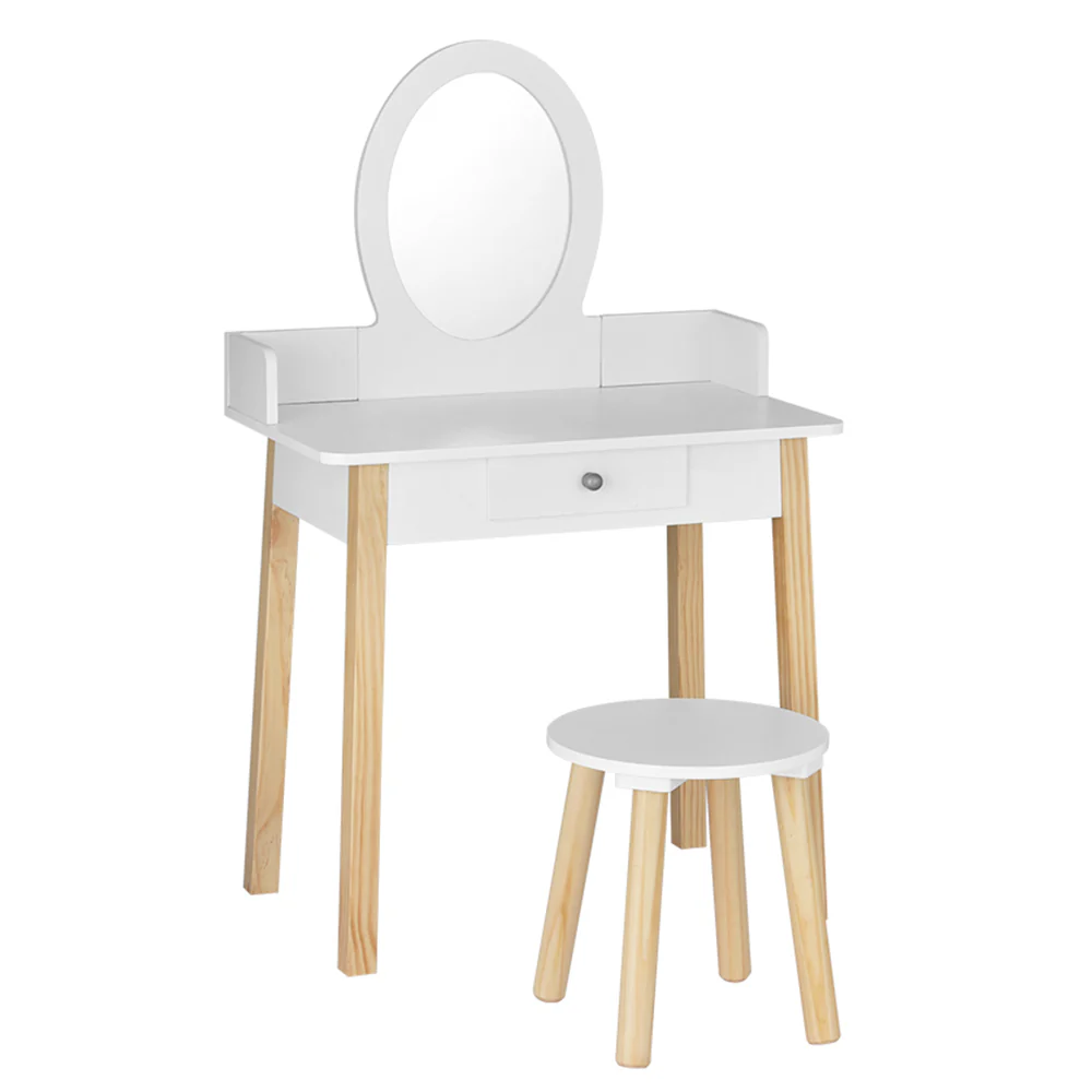 Kids Dressing Table Chair Set Wooden Leg Vanity Makeup Drawer Mirror - Nurns