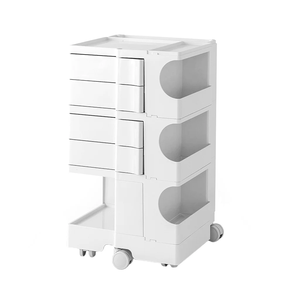Vernon Storage Trolley Cart Bedside Table 5 Tier with 4 Drawers - White - Nurns