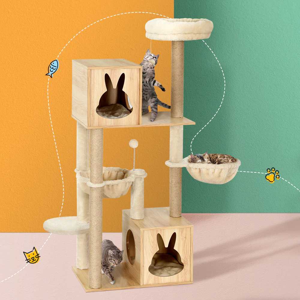 Cat Tree 141cm Tower Scratching Post Scratcher Wood Bed Condo Toys House Ladder - Nurns
