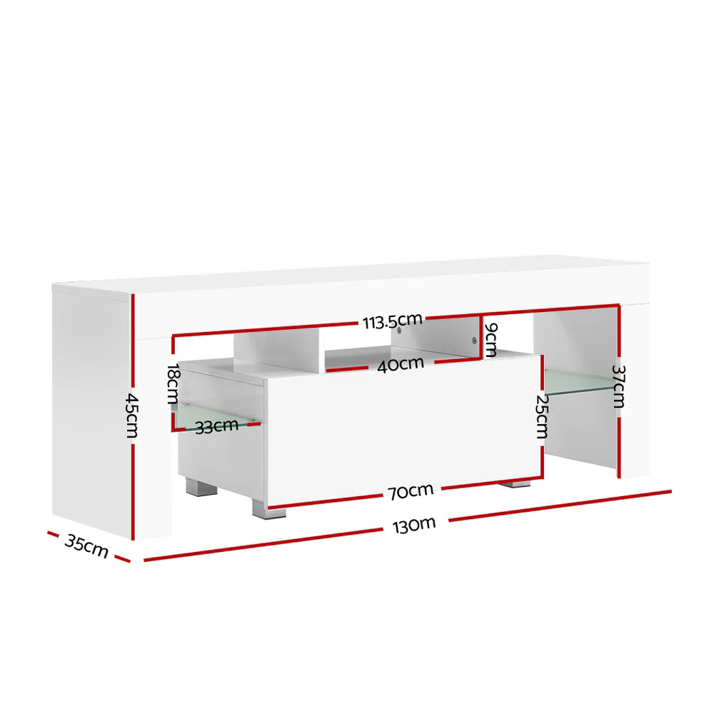 Espen 130cm TV Cabinet Entertainment Unit Stand RGB LED Gloss Furniture - White - Nurns