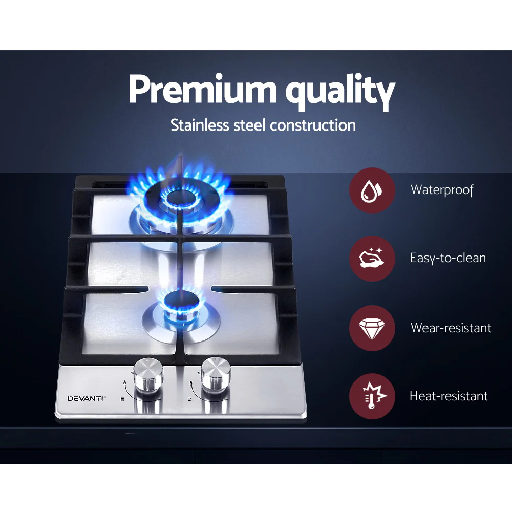 Devanti Gas Cooktop 30cm 2 Burner Silver - Nurns