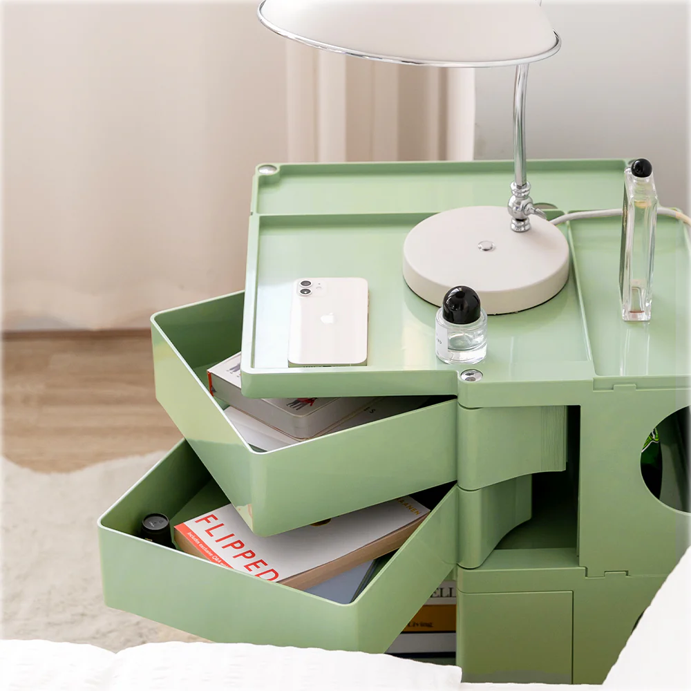 Vernon PP Plastic Bedside Tables Side Tables Nightstand Organizer Replica Boby Trolley 3 Tier with 2 Drawers - Green - Nurns