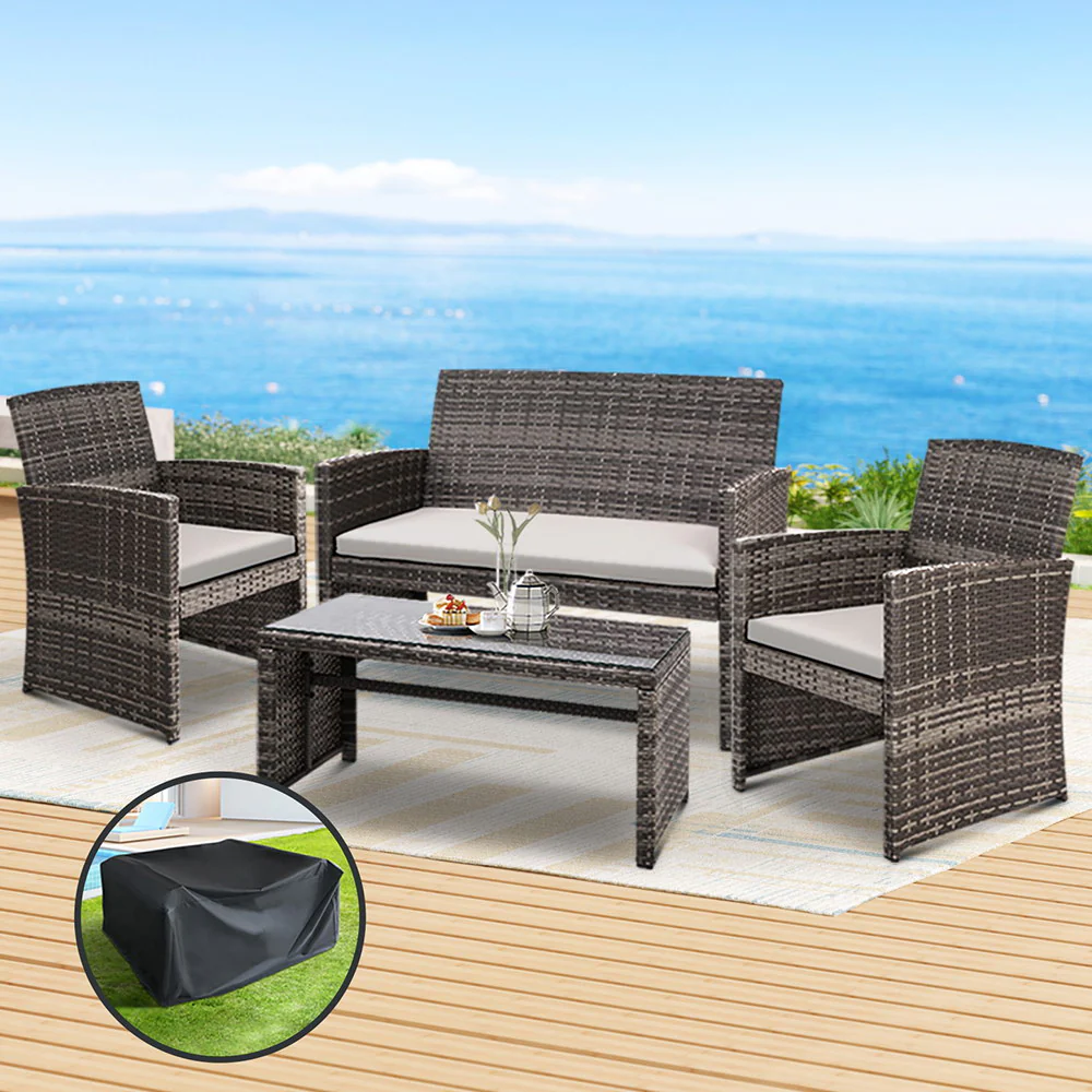 Slough 4-Seater Rattan Chair Furniture 4-Piece Outdoor Sofa Set with Storage Cover - Grey - Nurns