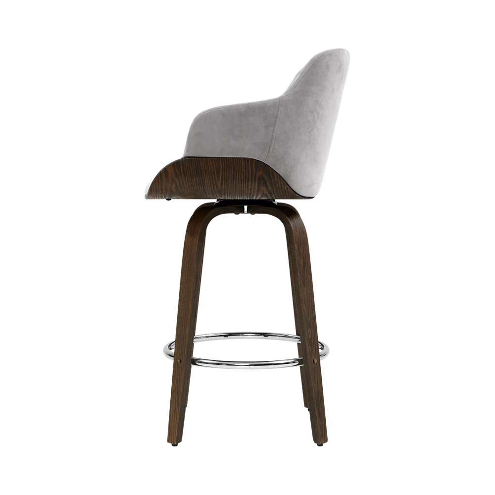 70cm Lleida Velvet Bar Stool Swivel - Grey & Wood - Nurns