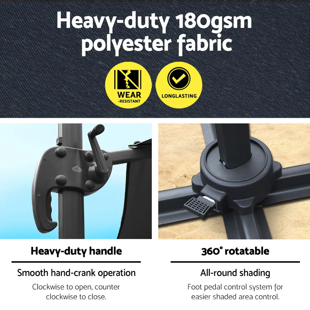 Instahut 3m Outdoor Umbrella Cantilever 360 Degree Tilt Beach Roma Charcoal - Nurns