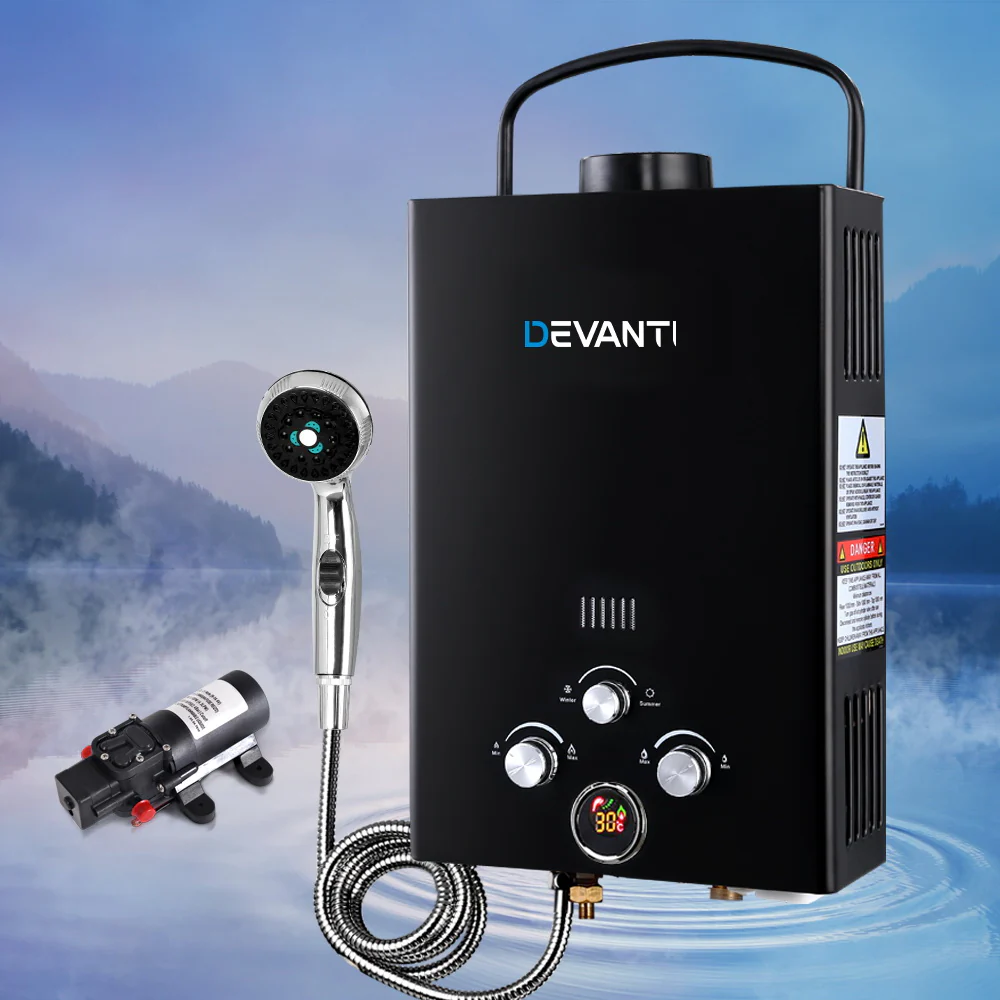Outdoor Gas Hot Water Heater Portable Camping Shower 12V Pump Black - Nurns