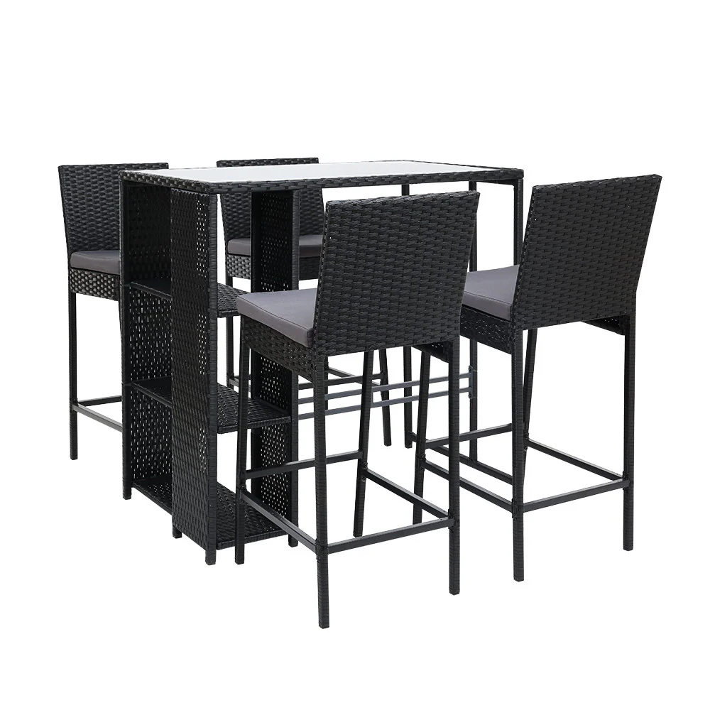 Mark 4-Seater Table Stools Furniture Chairs Wicker Patio Garden 5-Piece Outdoor Bar Set - Black - Nurns