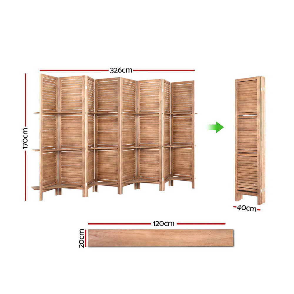 8 Panel Room Divider Screen 326x170cm Shelf - Oak - Nurns