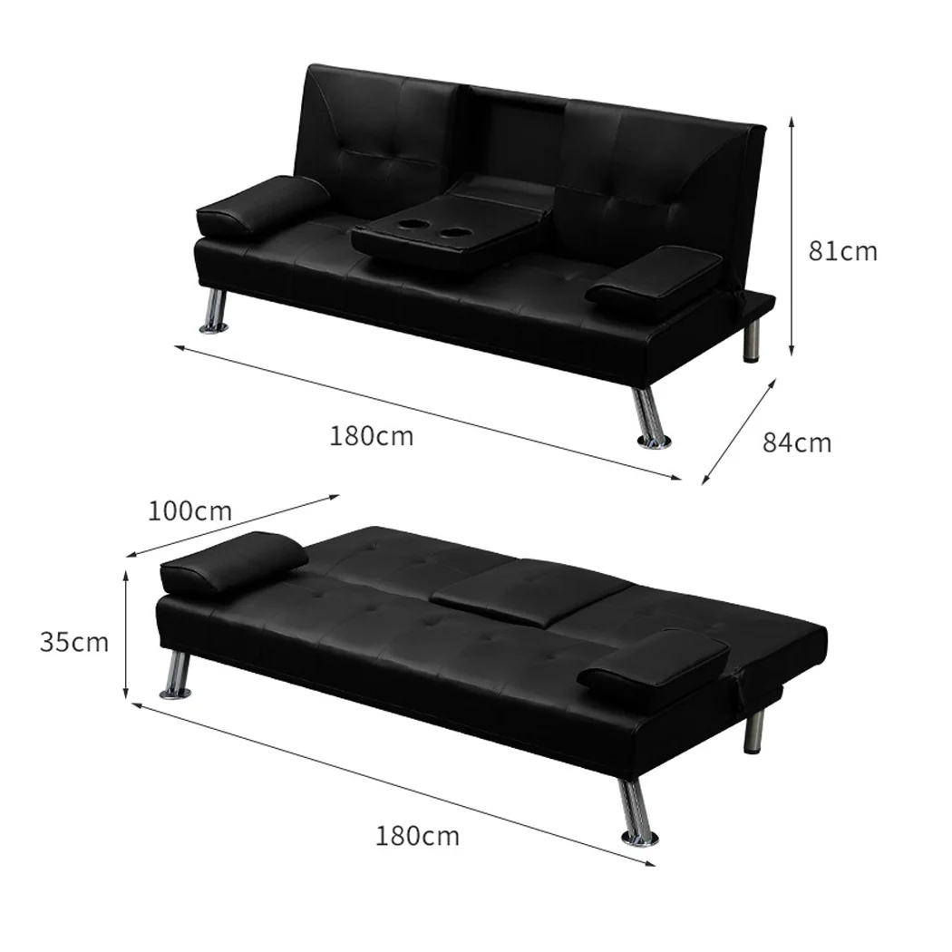 Marny 3-Seater Adjustable Sofa Bed Lounge Futon Couch Leather Beds Cup Holder Recliner - Black - Nurns