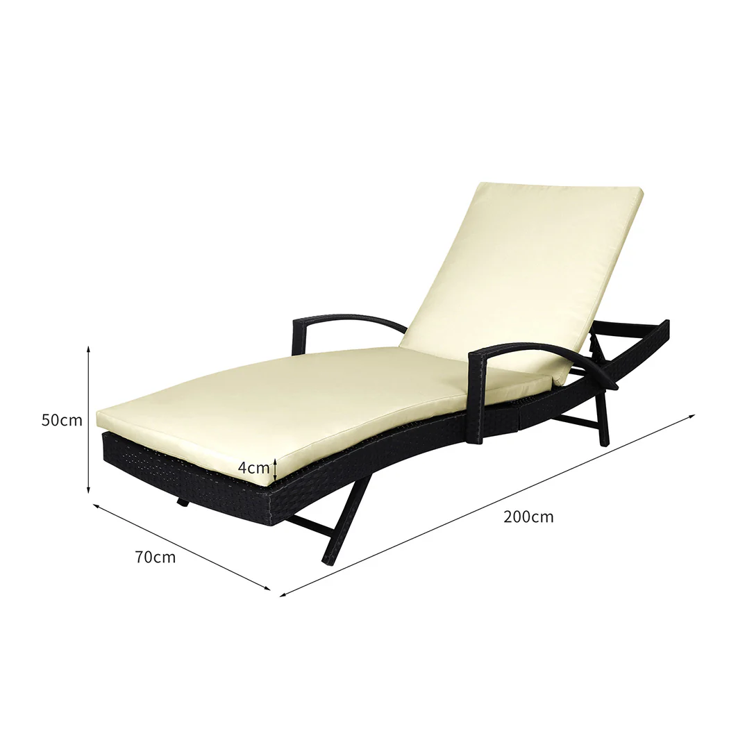 Simon Outdoor Sun Lounger Furniture Wicker Lounge Garden Patio Bed Pool Beige Cushion - Black - Nurns
