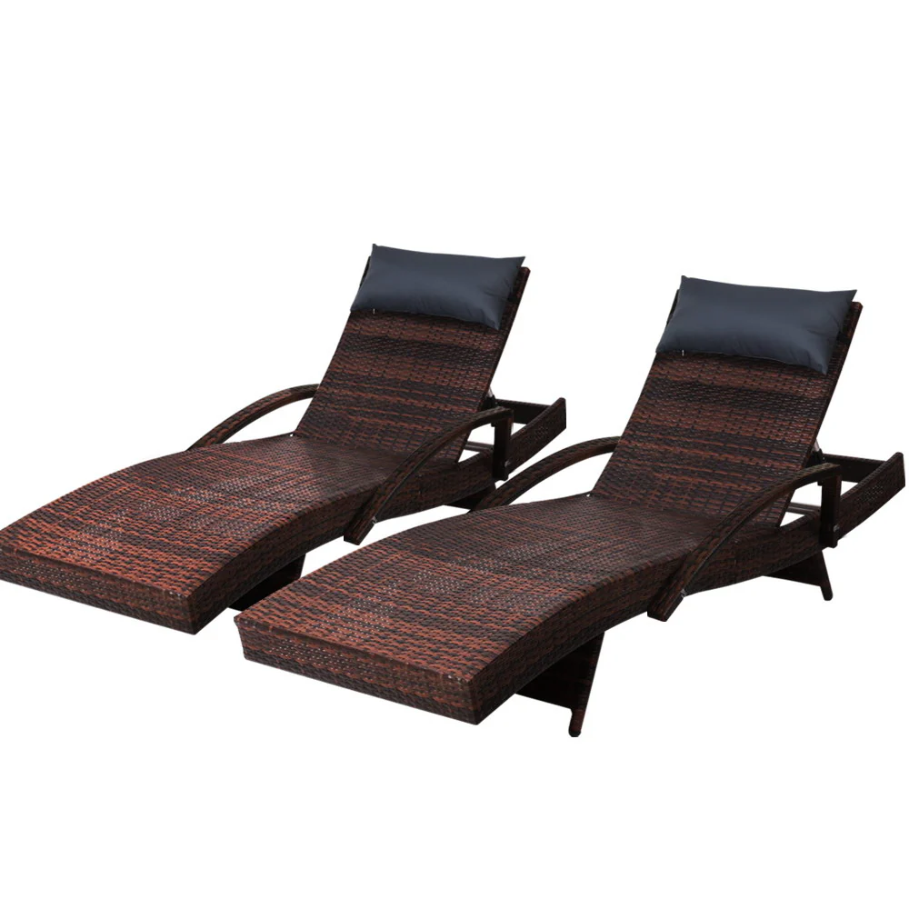 Silsden Set of 2 Outdoor Sun Lounge Wicker with Armrest Chair and Pillow - Brown - Nurns