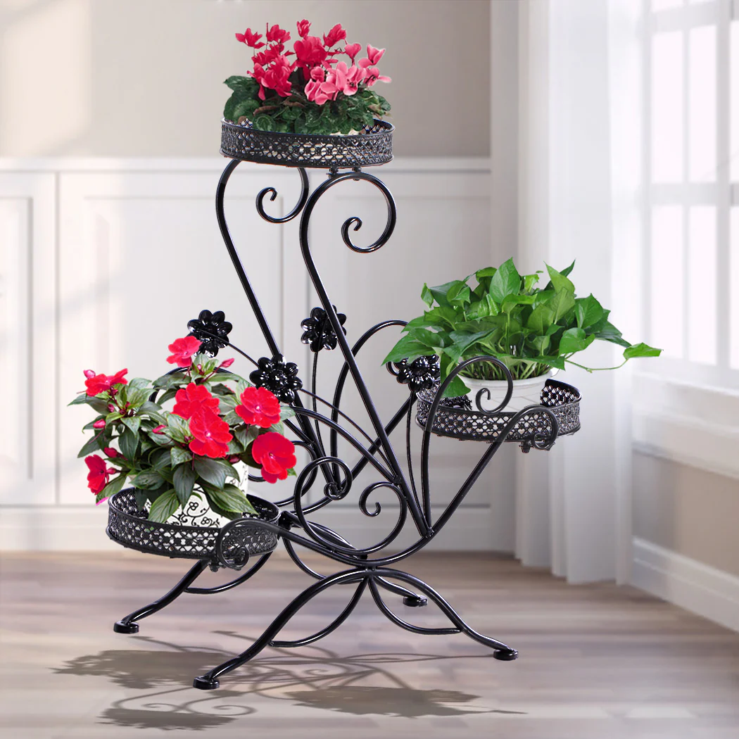 Plant Stand Outdoor Indoor Metal Flower Pots Rack Corner Black Planter Shelf - Nurns