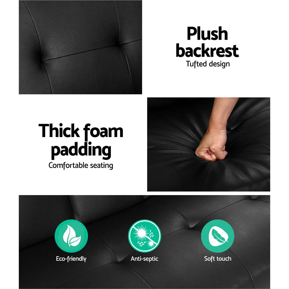 Madaline 2-Seater Leather Cup Holder Futon Sofa Bed Lounge Couch - Black - Nurns