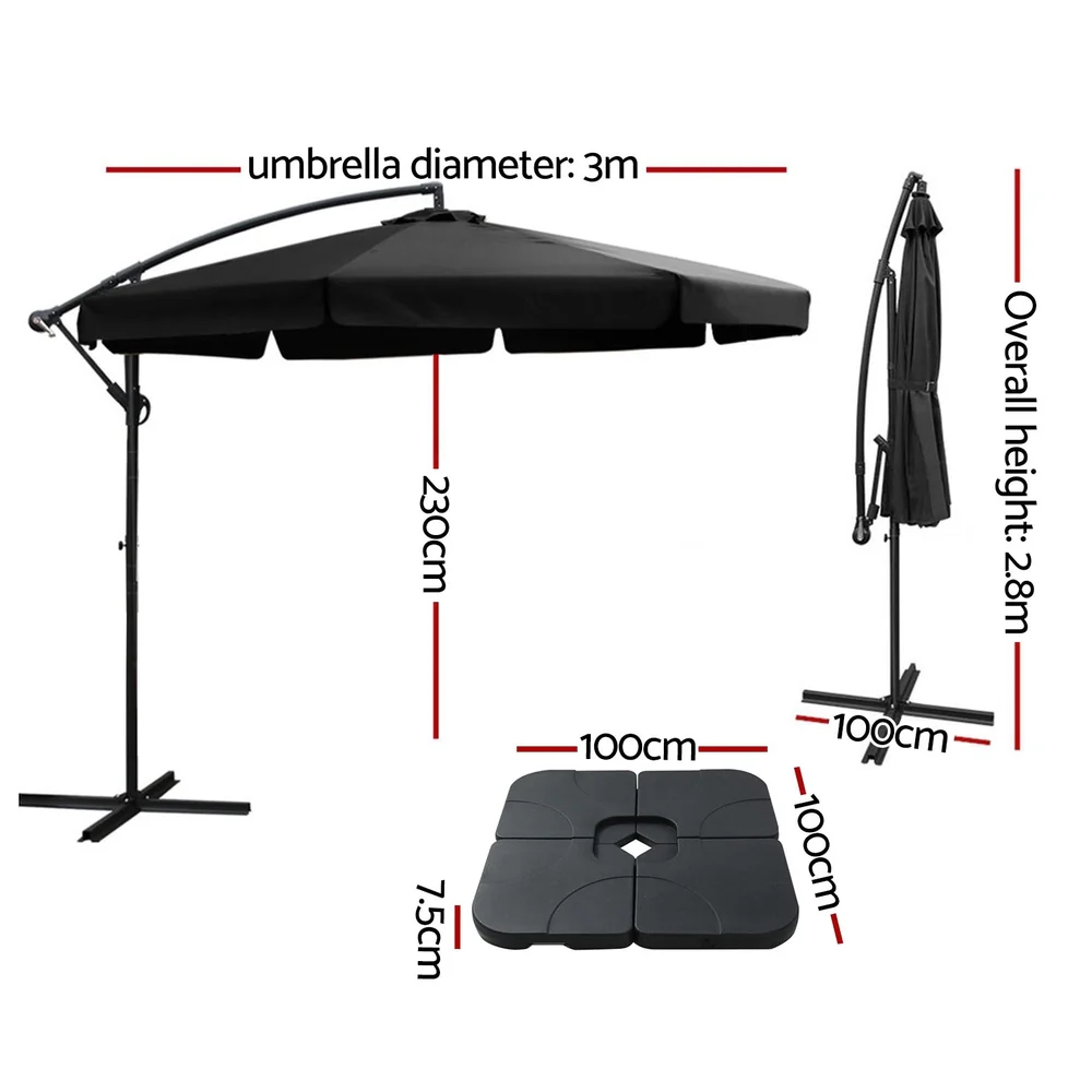 Instahut 3m Outdoor Umbrella w/Base Cantilever Garden Beach Patio Black - Nurns
