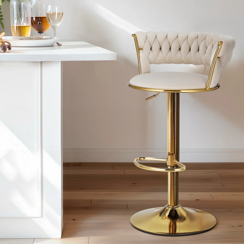 Saldus Bar Stools Gas Lift Velvet Woven Backrest - Ivory & Gold - Nurns