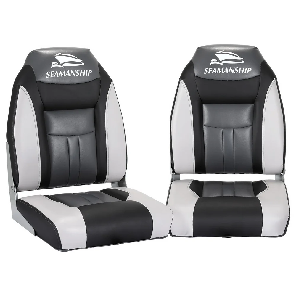 Set of 2 Folding Boat Seats Marine Seat Swivel High Back 12cm Padding Black - Nurns