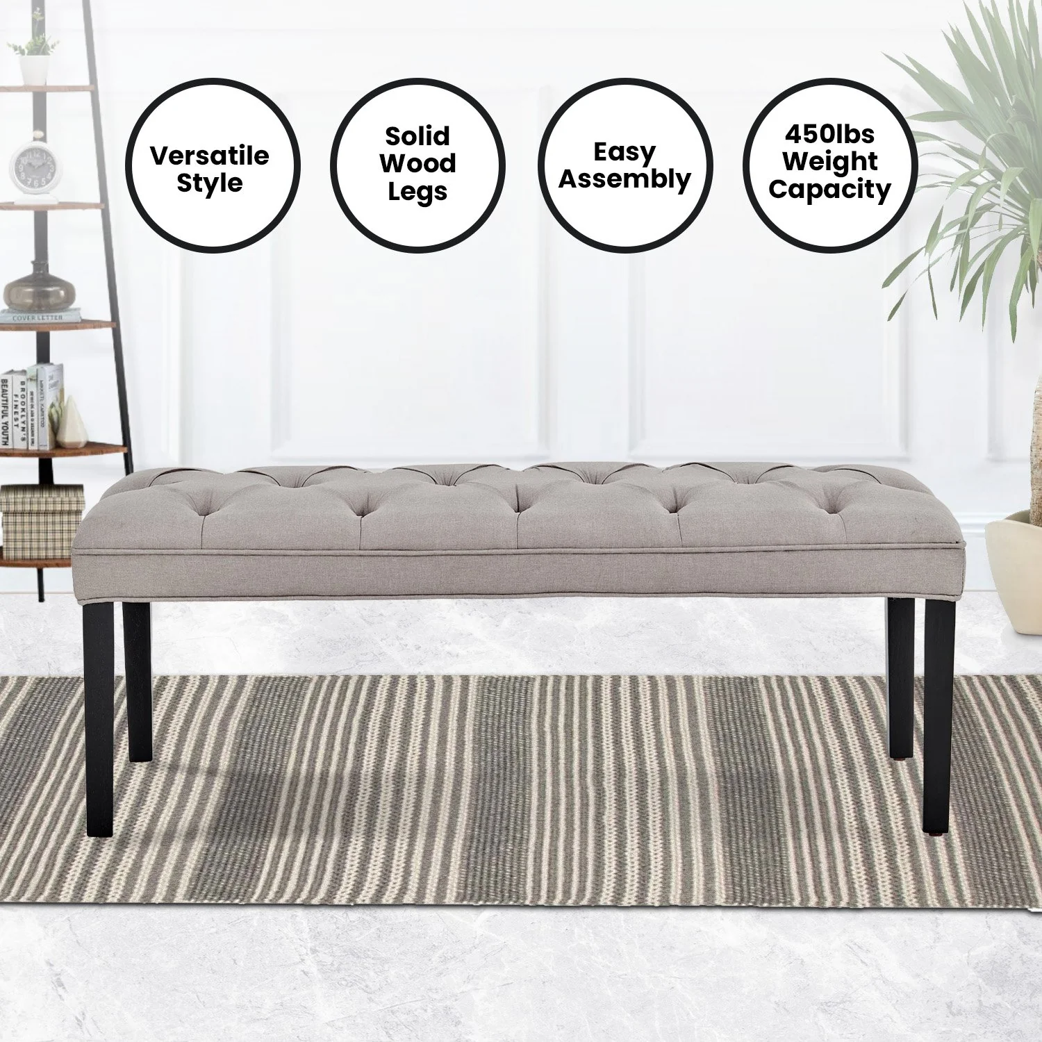Button-tufted Upholstered Bench With Tapered Legs By - Light Grey - Nurns
