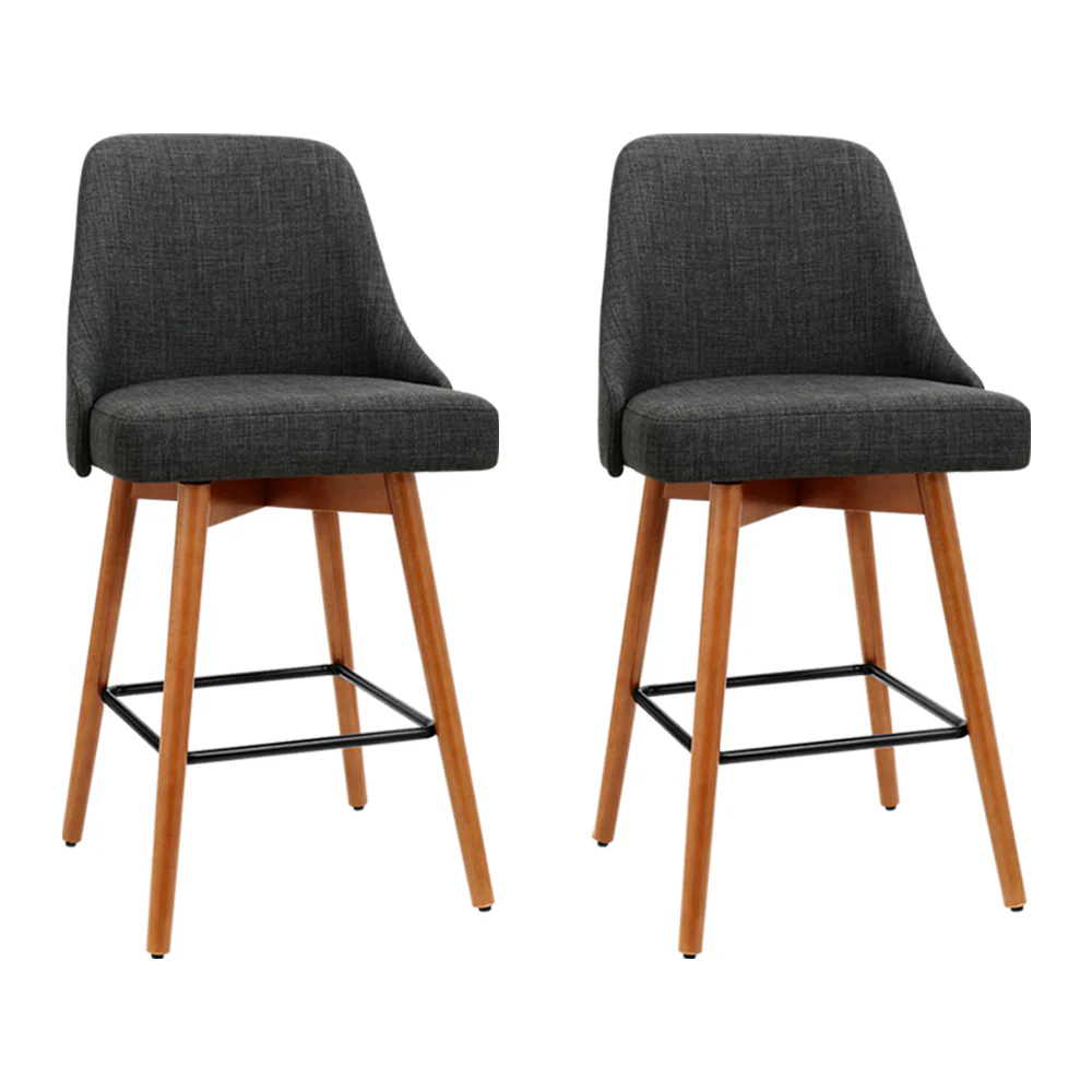Set of 2 Vicenza Wooden Fabric Bar Stools Square Footrest - Charcoal - Nurns