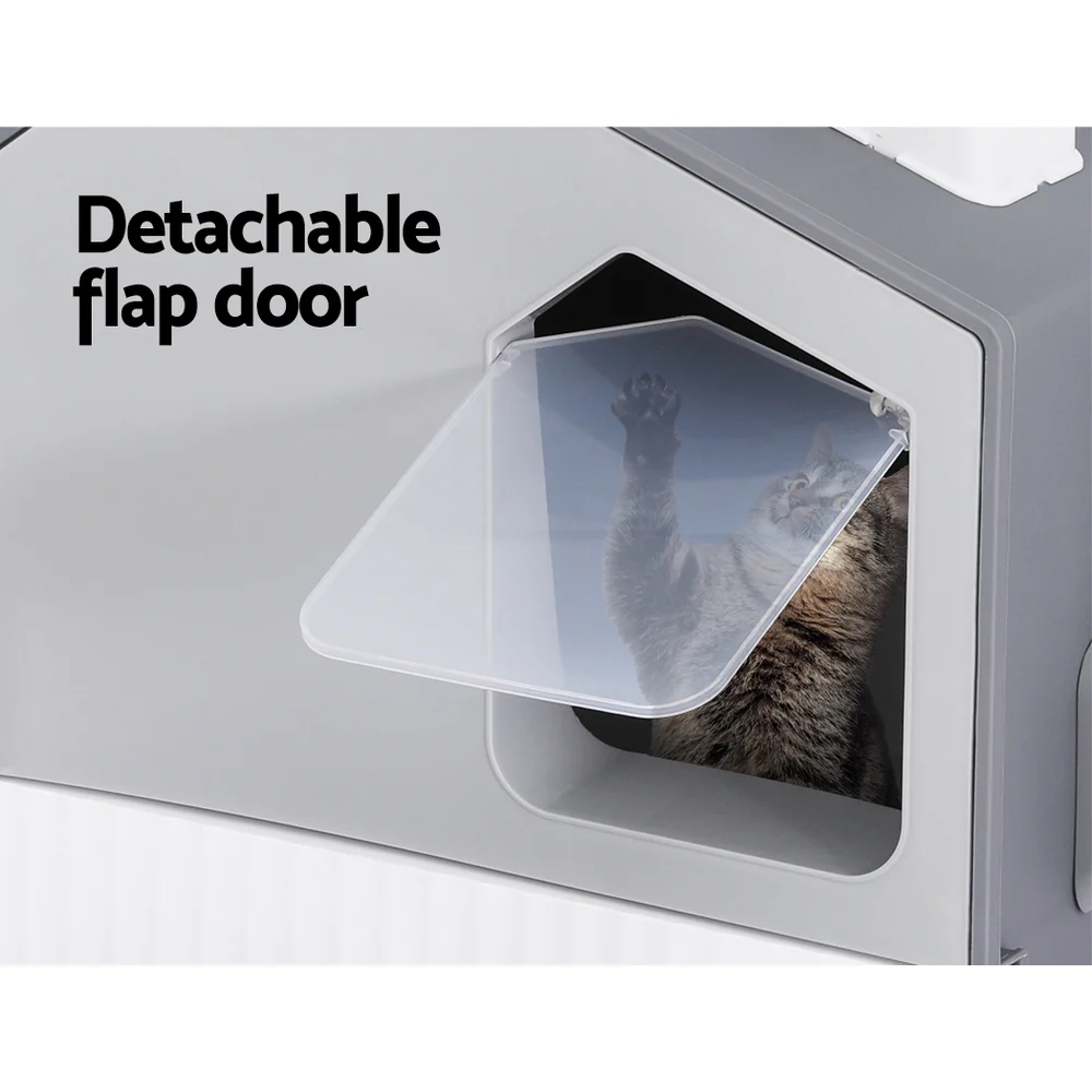 Cat Litter Box Large Tray Kitty Toilet Fully Enclosed House Hooded Scoop Mat - Grey - Nurns
