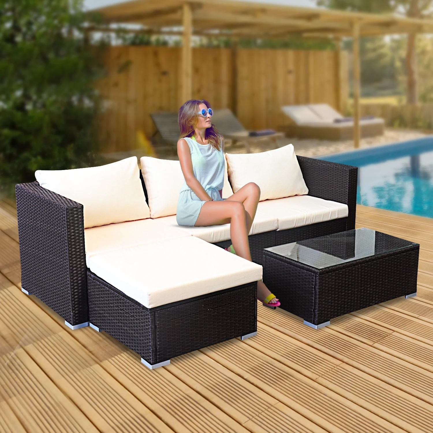 Sonny 4-Seater Modular Lounge Set PE Rattan 5-Piece Outdoor Sofa - Brown - Nurns