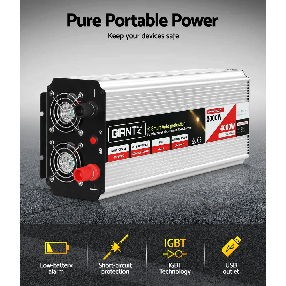 Power Inverter 2000W or 4000W Pure Sine Wave 12V-240V Camping Boat Caravan - Nurns