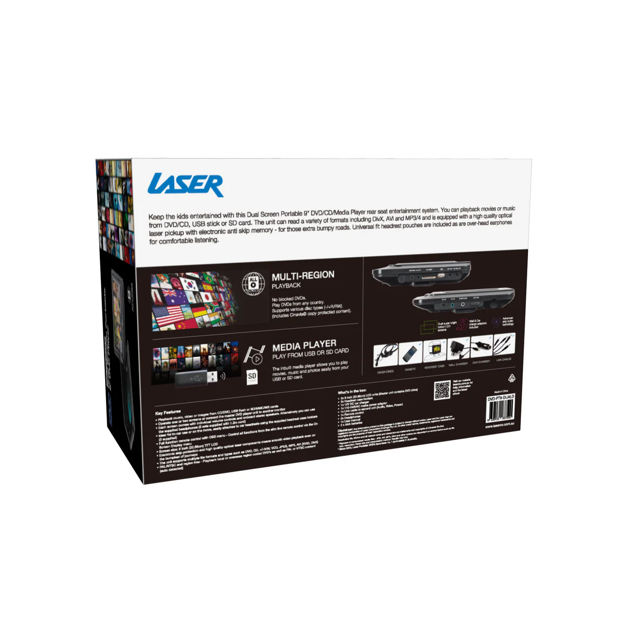 Laser 9 Inch Dual Screen DVD Player - Black - Nurns