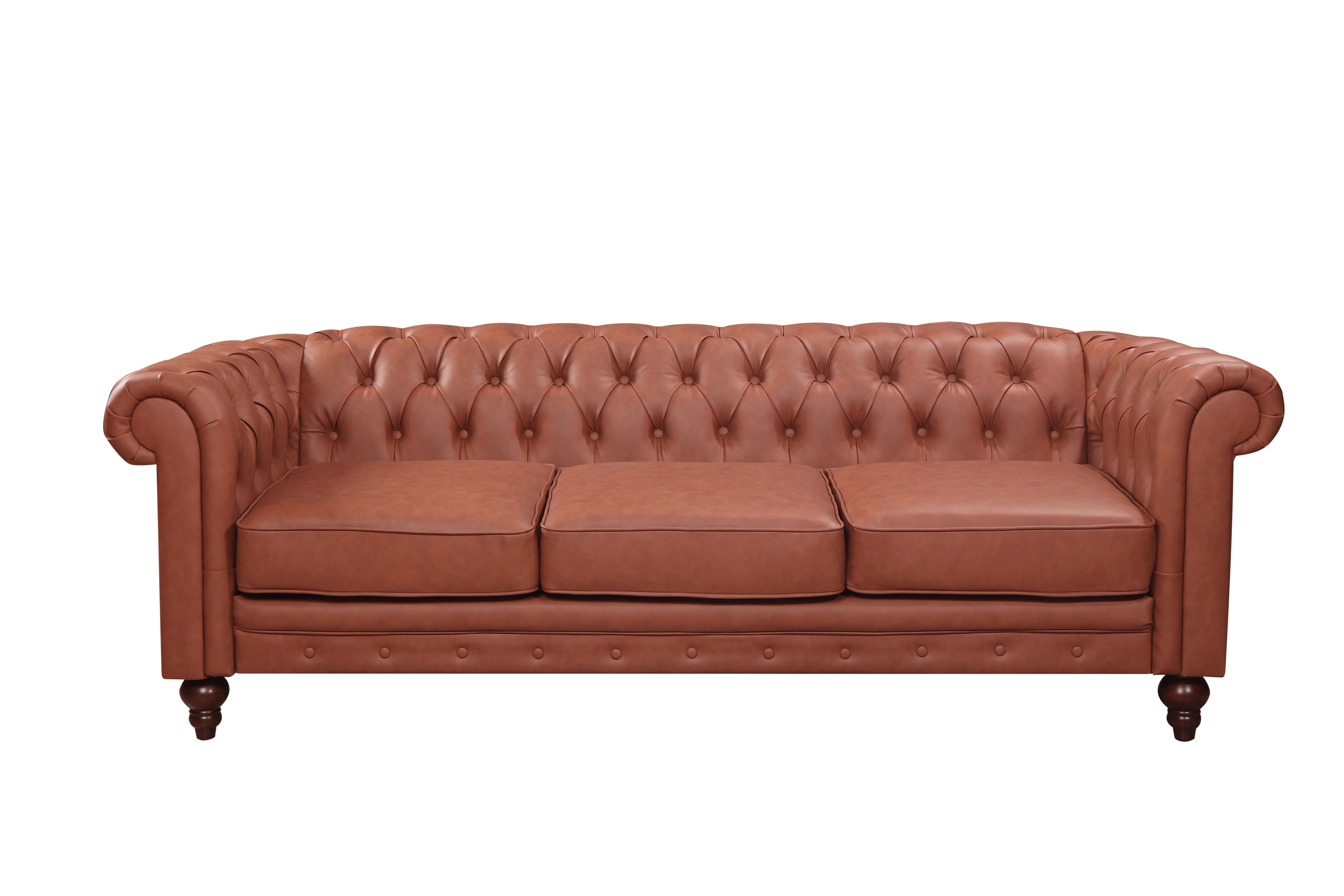 Mabel 3-Seater Sofa Lounge Button Tufted in Faux Leather - Brown - Nurns