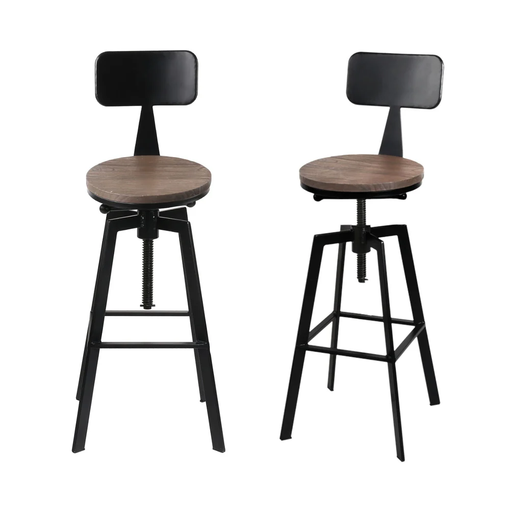 Set of 4 Perugia Bar Stools Kitchen Dining Chairs Adjustable Wood Stool with Backrest - Black - Nurns