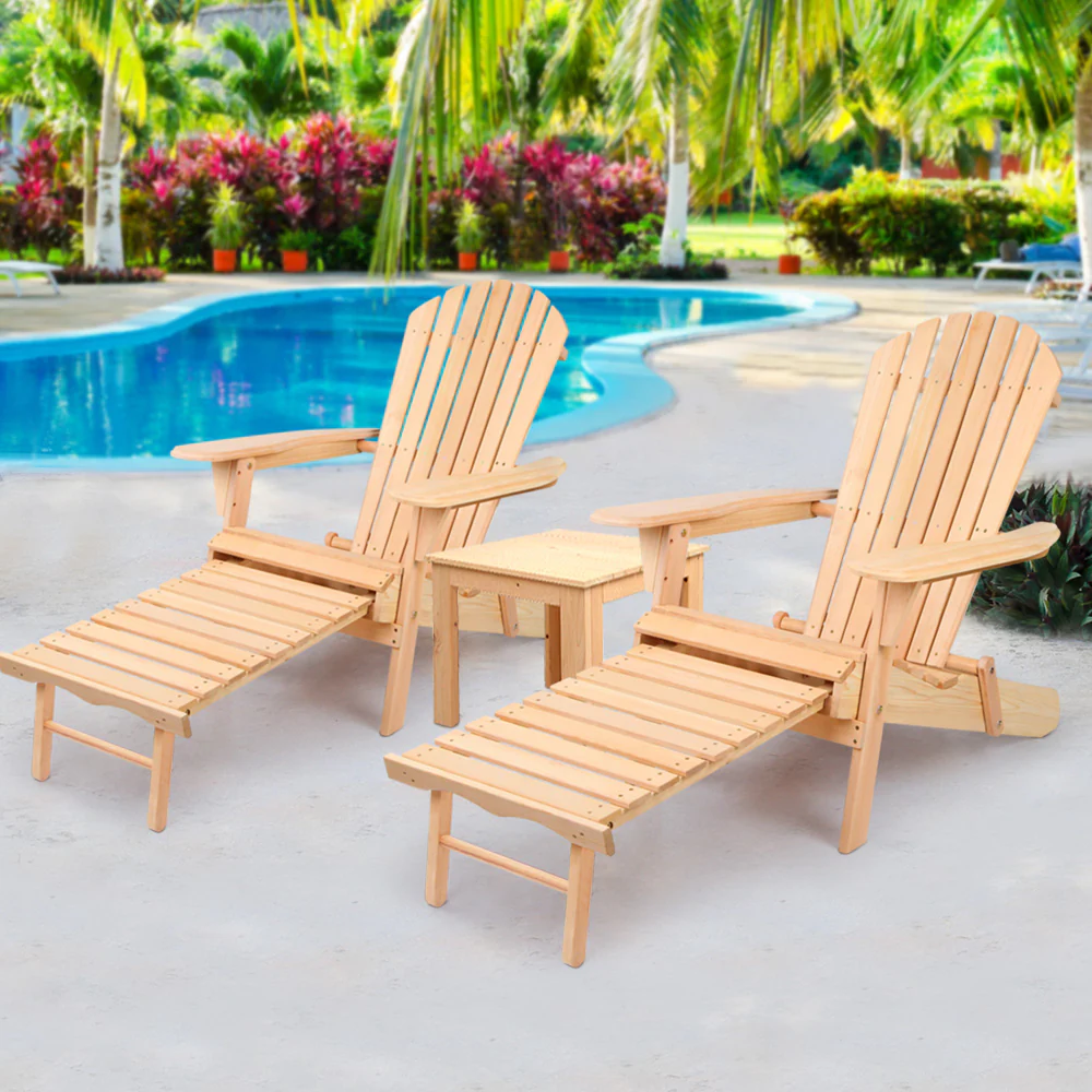 Adirondack Gardeon 3PC Outdoor Table and Chairs? Wooden Sun Lounge Beach Patio Natural - Nurns