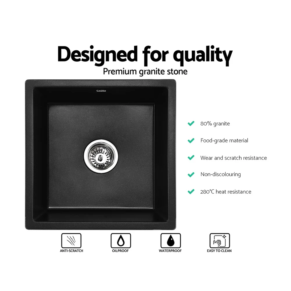 Stone Kitchen Sink 450X450MM Granite Under/Topmount Basin Bowl Laundry Black - Nurns
