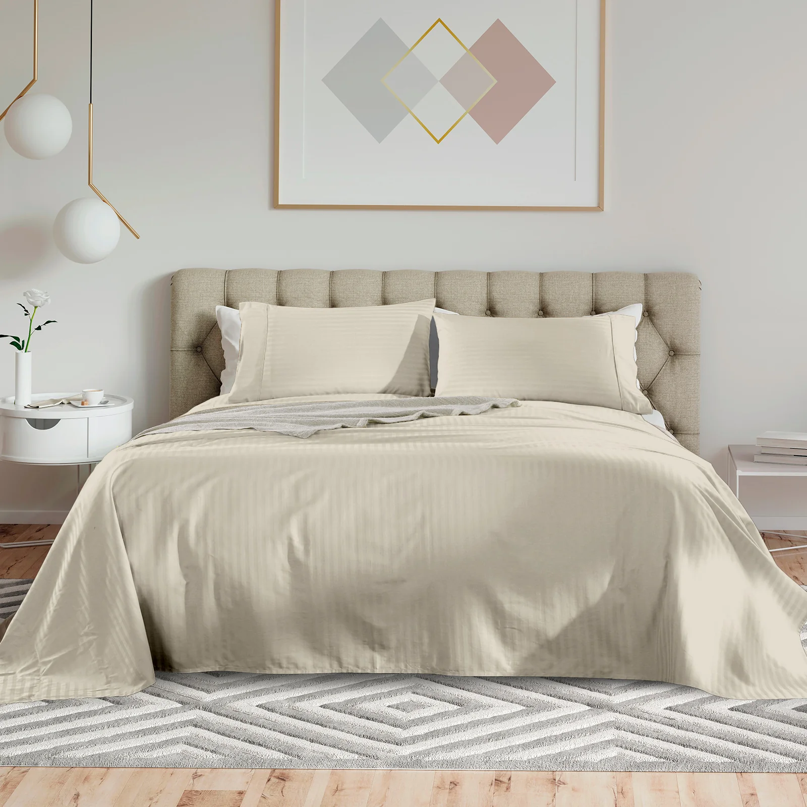 Queen Kensington 1200TC Cotton Sheet Set Stripe - Sand - Nurns