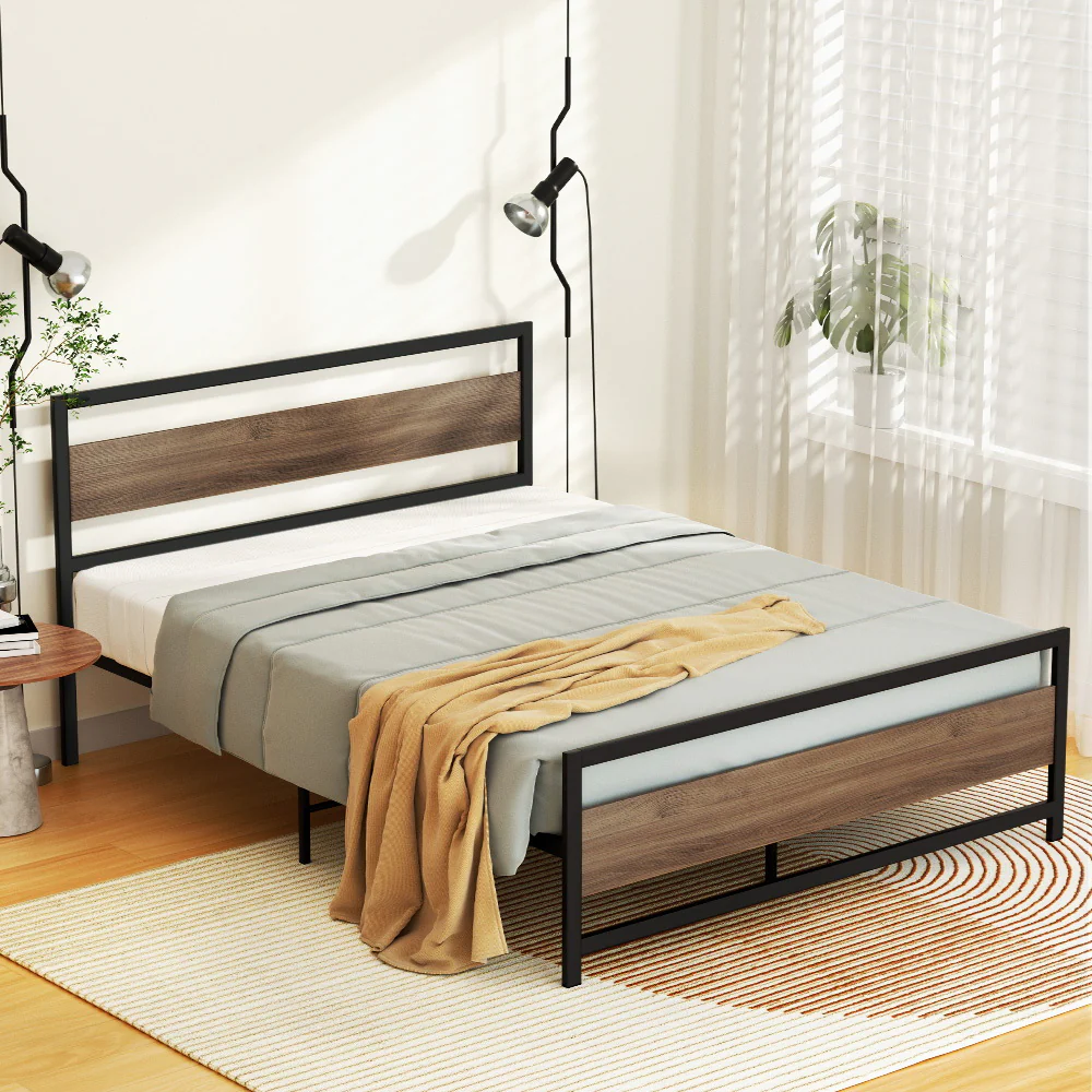 Havana Metal Bed Frame Wooden Headboard no Drawers - Black Queen - Nurns