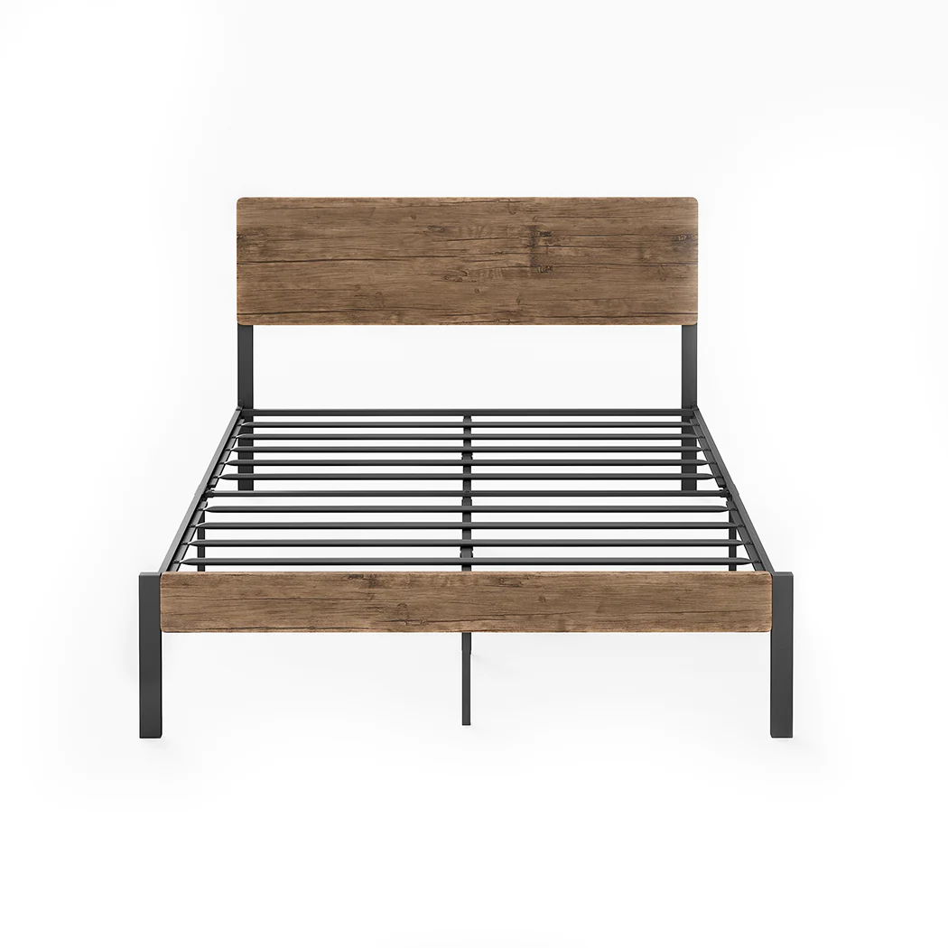 Ruden Metal Bed Frame Base Platform Wooden Headboard - Brown Queen - Nurns