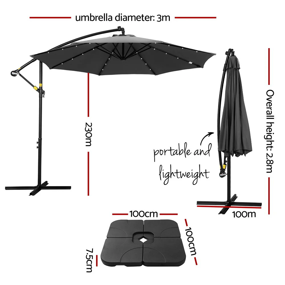 Instahut Outdoor Umbrella 3M Cantilever Beach LED Base Garden Sun Patio Charcoal - Nurns