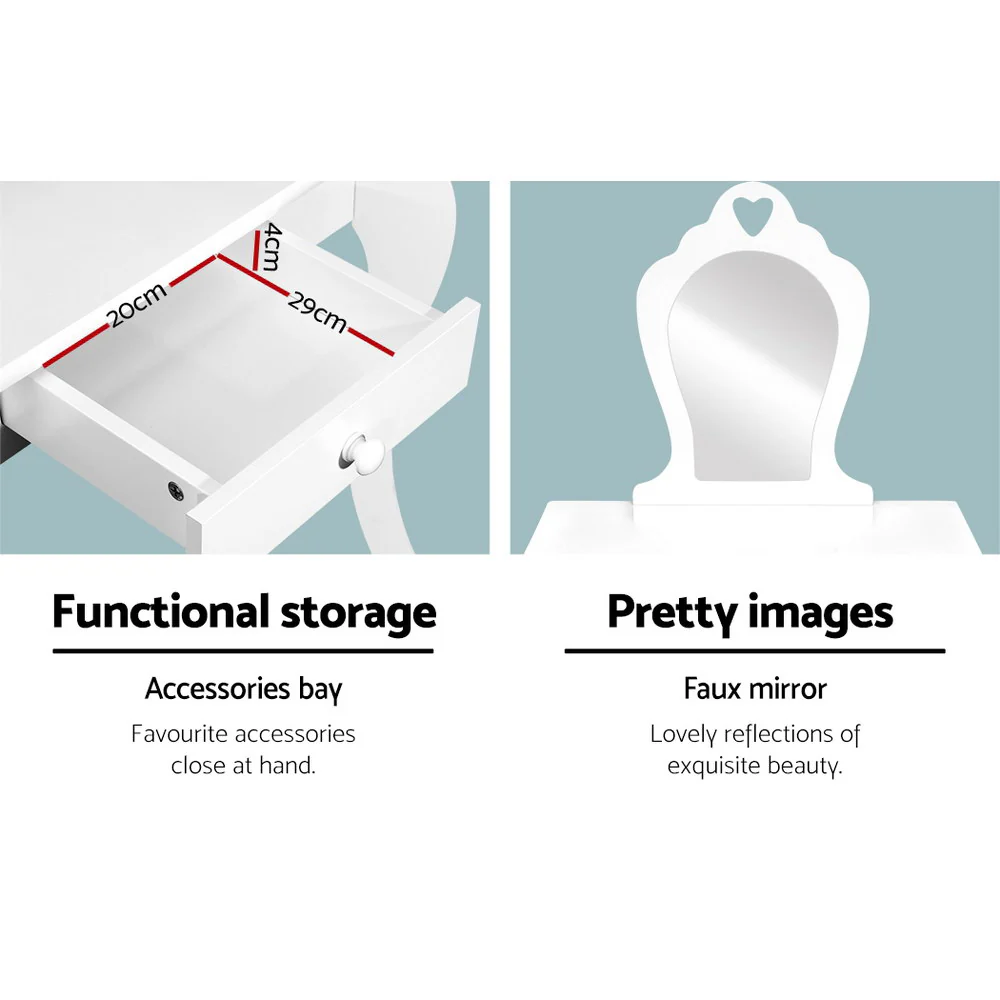 Kids Dressing Table Stool Set Vanity Mirror Princess Children Makeup White - Nurns