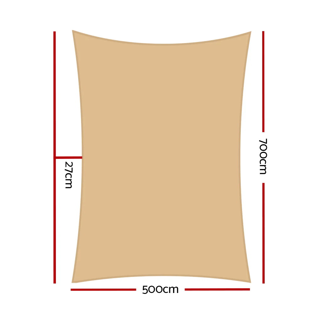 Instahut Shade Sail 5x7m Rectangle 280GSM 98% Sand Shade Cloth - Nurns