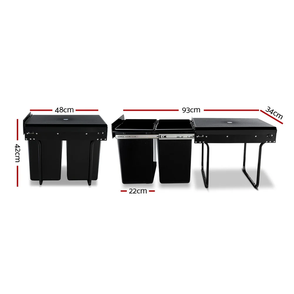 Pull Out Bin Kitchen Double Basket 2X20L Black - Nurns