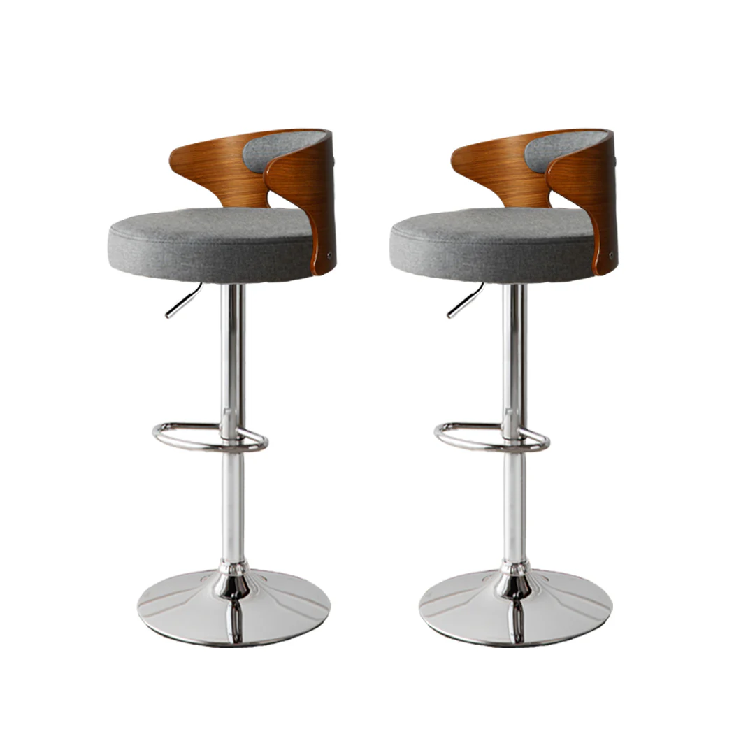 85cm Leipzig Kitchen Bar Stools Gas Lift Wooden Beech Stool Metal Barstools - Grey & Silver - Nurns