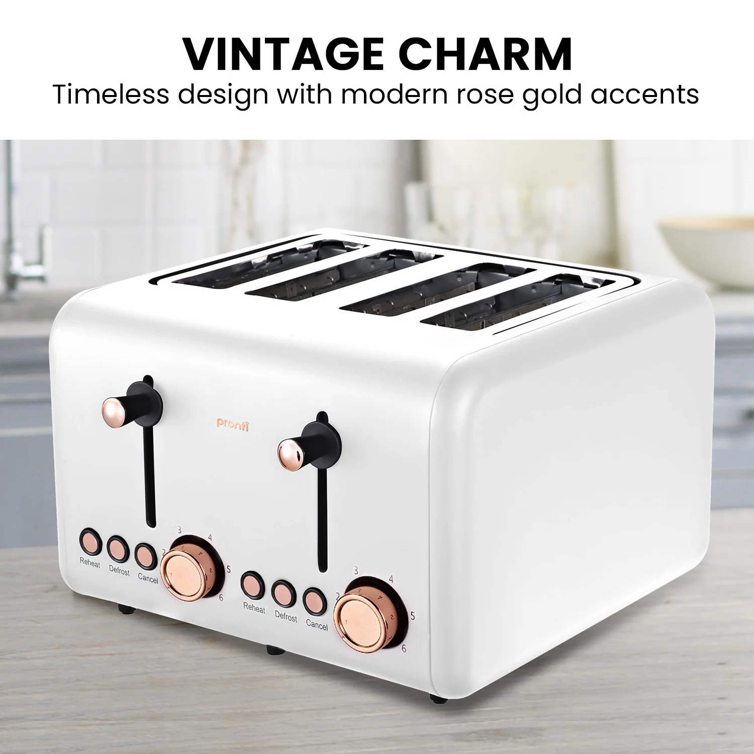 Pronti 4 Slice Toaster Rose Trim Collection - White - Nurns