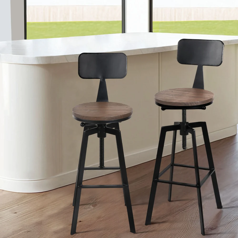 Set of 4 Perugia Bar Stools Kitchen Dining Chairs Adjustable Wood Stool with Backrest - Black - Nurns
