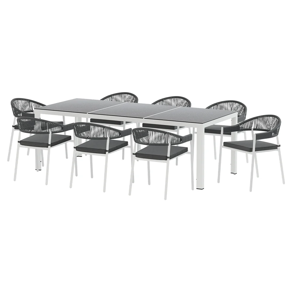 Yves 8-Seater Table Chairs Patio Rope Lounge Setting 9-Piece Outdoor Dining Set - Grey - Nurns