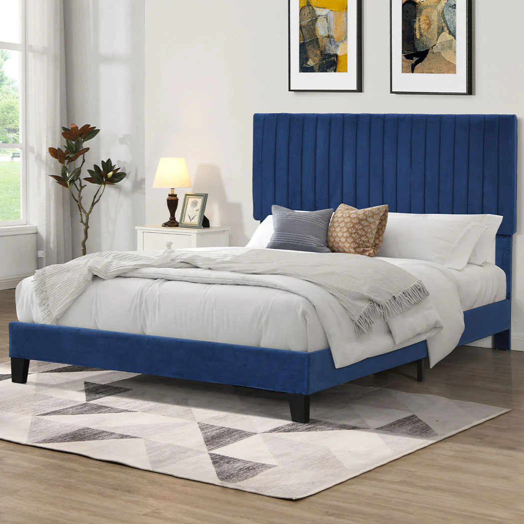 Cheyenne Bed Frame Base Platform Wooden Velvet with Headboard Blue - Queen - Nurns